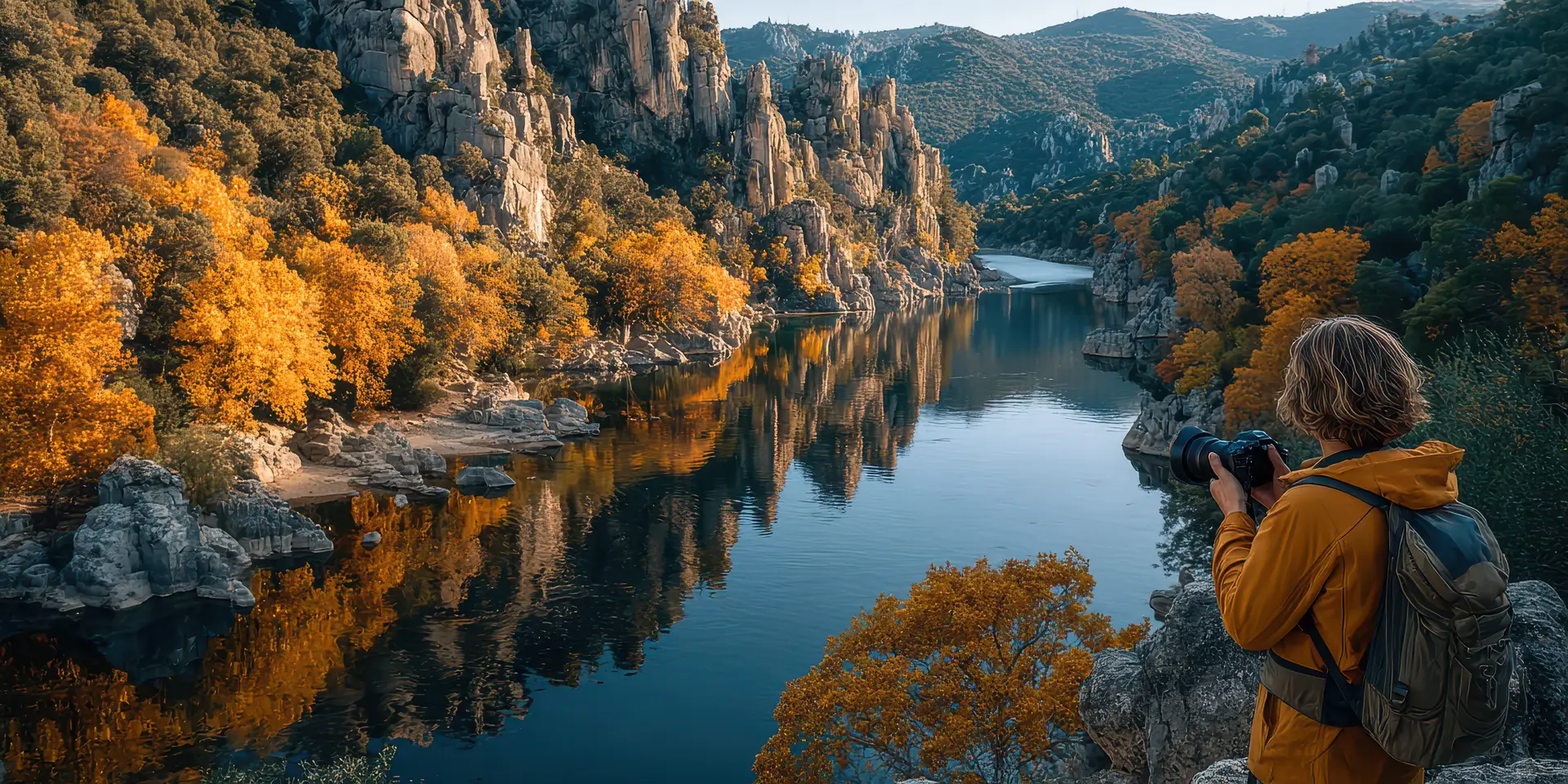 Stunning autumn landscape with photographer capturing golden reflections by a serene river in mountainous terrain