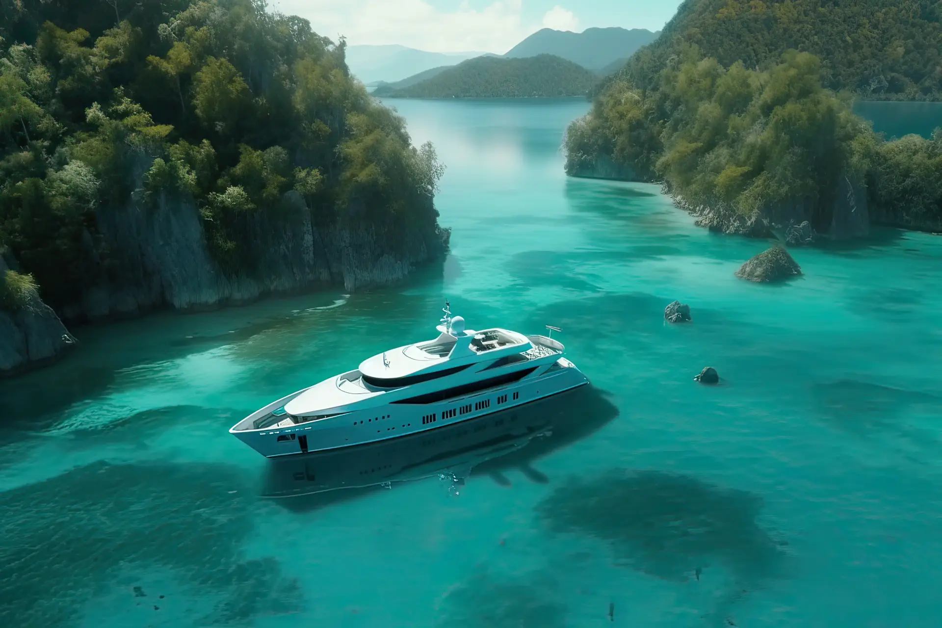 View from above, stunning aerial view of the Cala di volpe bay with a green coastline, white sand beaches, and luxury yachts sailing on turquoise water.