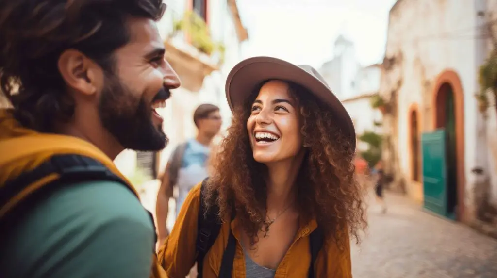 Group of happy friends and laughing, tourism, travel, people sharing good and positive mood, backpack camping hiking journey travel trek concept, with blurred background