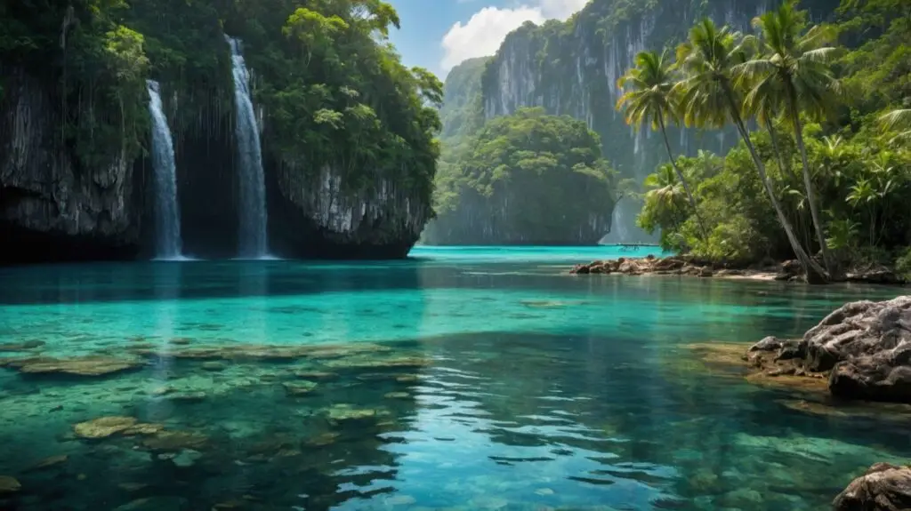 Serene tropical landscape featuring vibrant turquoise waters, lush greenery