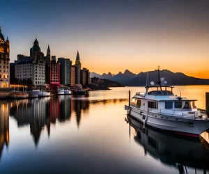 vecteezy_a-boat-docked-in-the-water-at-sunset-with-buildings-in-the_30179661