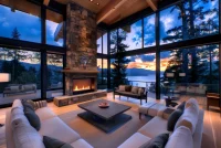 Modern luxury living room overlooking lake tahoe at sunset