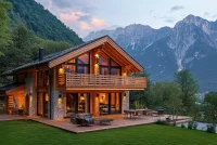Modern wooden chalet illuminating the mountain valley at dusk